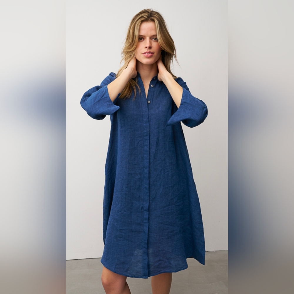 0039 Italy Women's Blue Button Down Long Sleeve Shirt Dress